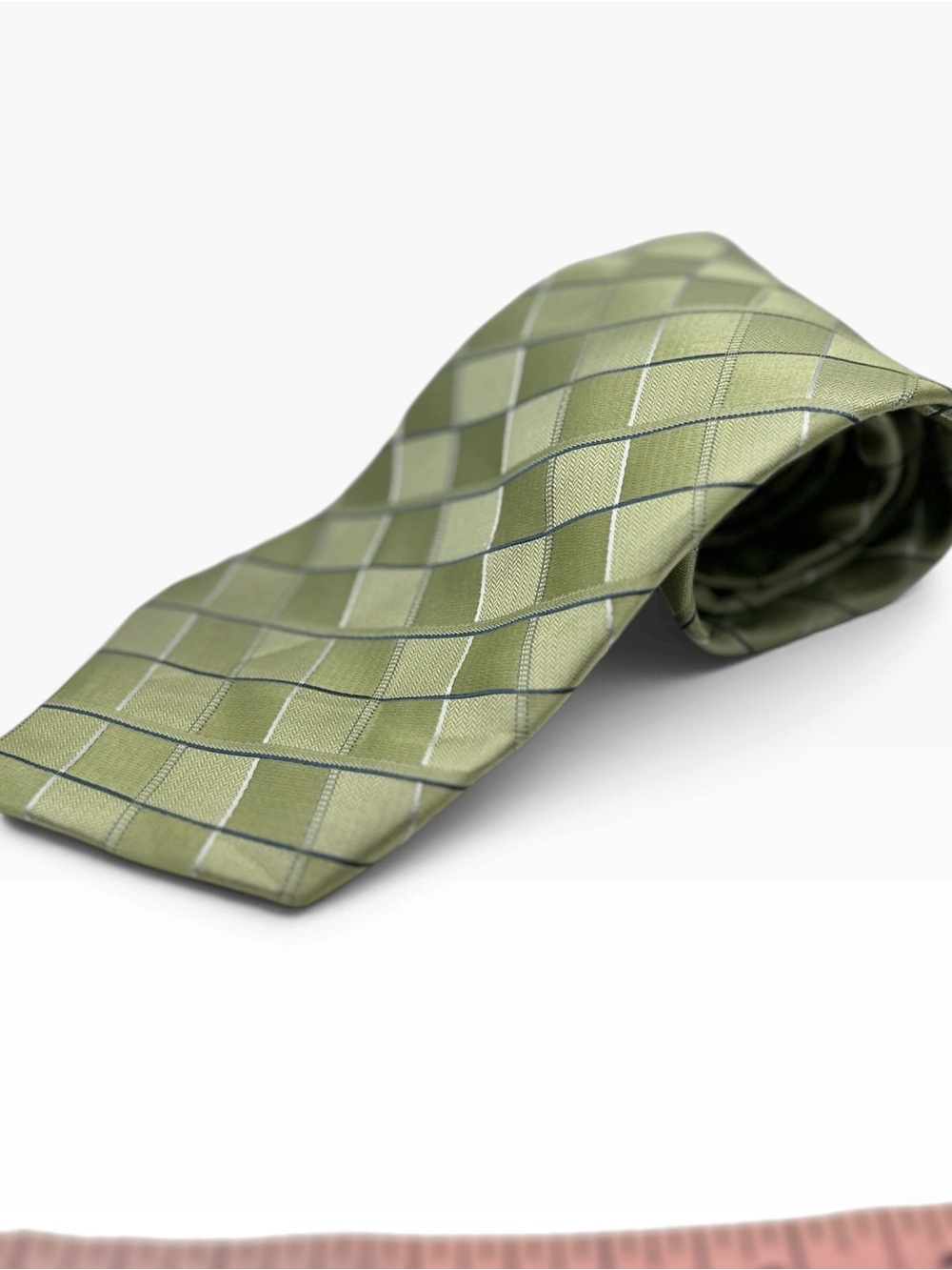 Calvin Klein Light Olive Green Check Silk Tie